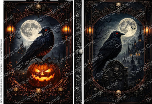 Decoupage Central Rice Paper, Halloween, Raven Moon Cemetery, Skull, Gothic, Scrapbooking, Mixed Media, A4 8.27x11.69