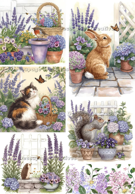 Decoupage Creatives Rice Paper Floral Lavender, Wildflower Pattern for Scrapbooking, Mixed Media, Crafts with Kittens & Rabbits