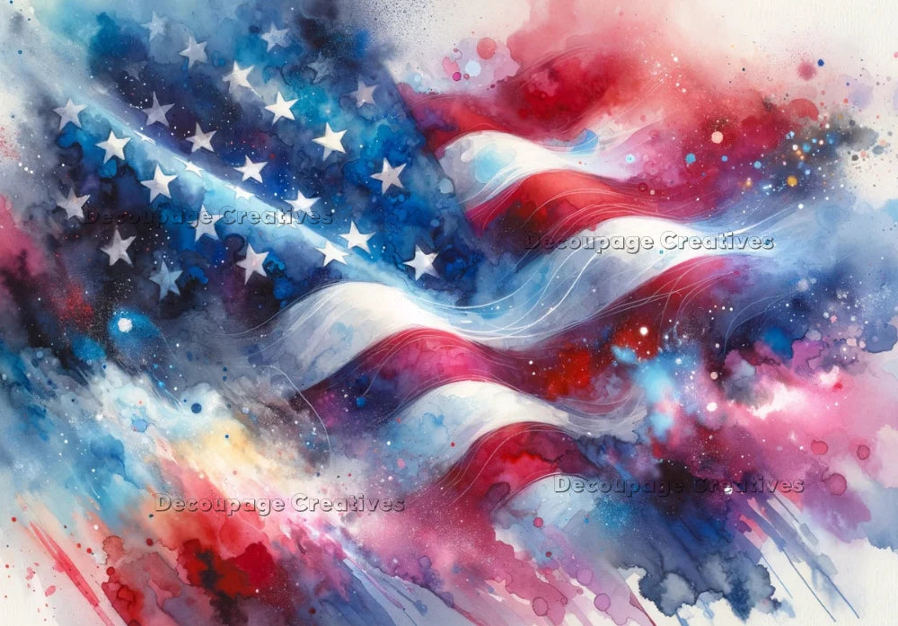 Decoupage Creatives Rice Paper, Patriotic, Watercolor American Flag, July 4th, Mixed Media, A4 8.27 X 11.69