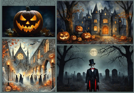 Halloween Rice Paper Decoupage | Haunted House Jack-O-Lanterns Graveyard Spooky Crafts for Scrapbooking & Mixed Media