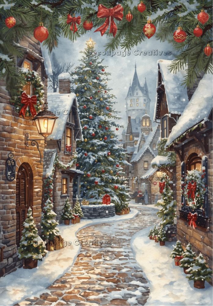Decoupage Creatives Rice Paper, Illuminated Christmas Village, Town, Decoupage, Mixed Media, Scrapbooking, A4 8.27 X 11.69