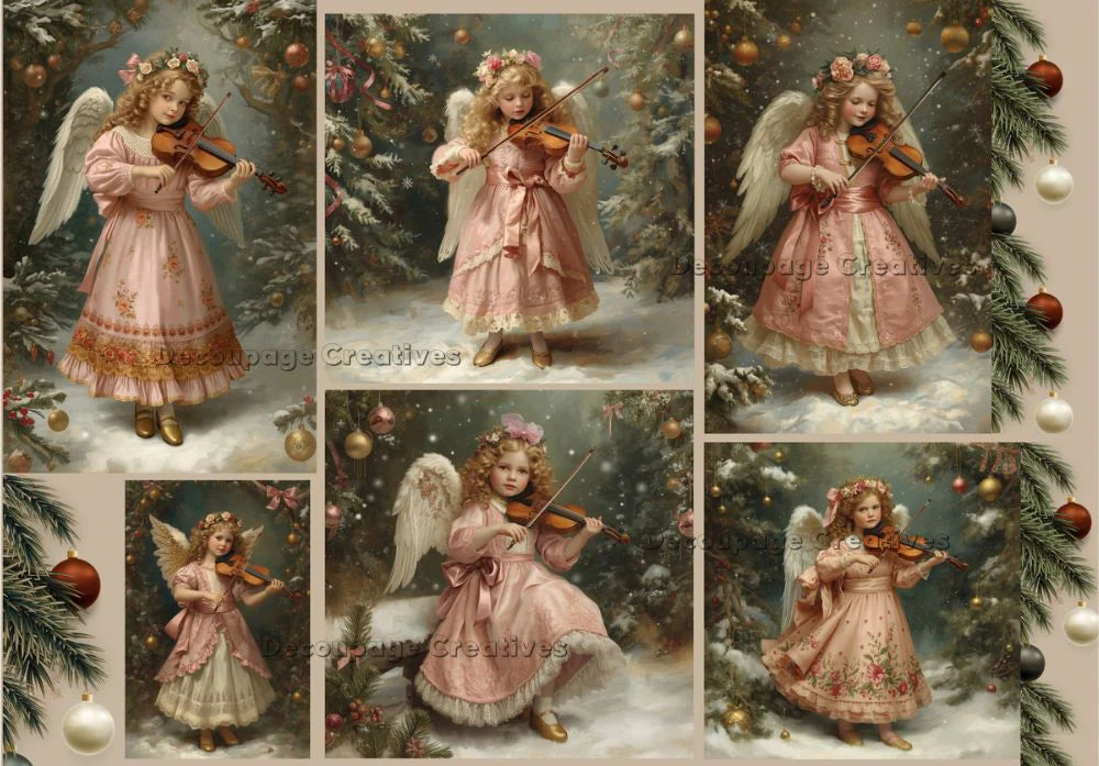 Decoupage Creatives Rice Paper, Christmas Angels with Musical Instruments, Squares, Tags, Mixed Media, Scrapbooking, A4 8.27 X 11.69