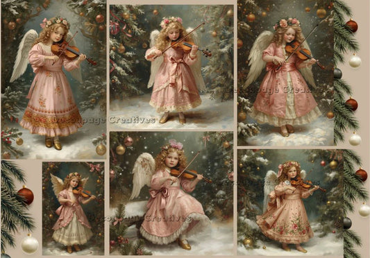 Decoupage Creatives Rice Paper, Christmas Angels with Musical Instruments, Squares, Tags, Mixed Media, Scrapbooking, A4 8.27 X 11.69