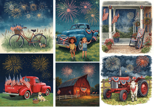 Decoupage Creatives Rice Paper, Patriotic, Fireworks, Vintage Style Patriotic Squares, July 4th, Mixed Media, A4 8.27 X 11.69