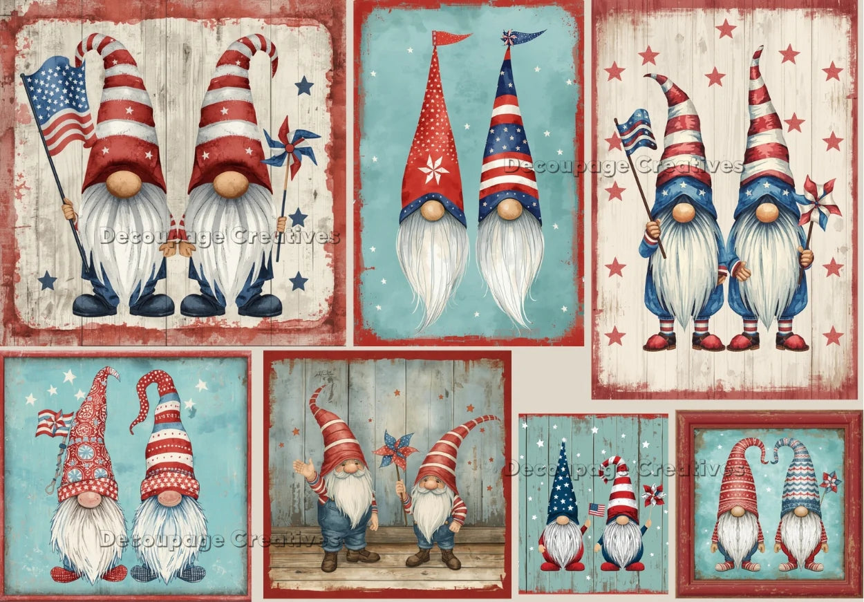 Decoupage Creatives Rice Paper, Mixed Media, Patriotic Gnomes, July 4th, Decorations, Squares, Elves, A4 8.27 X 11.69