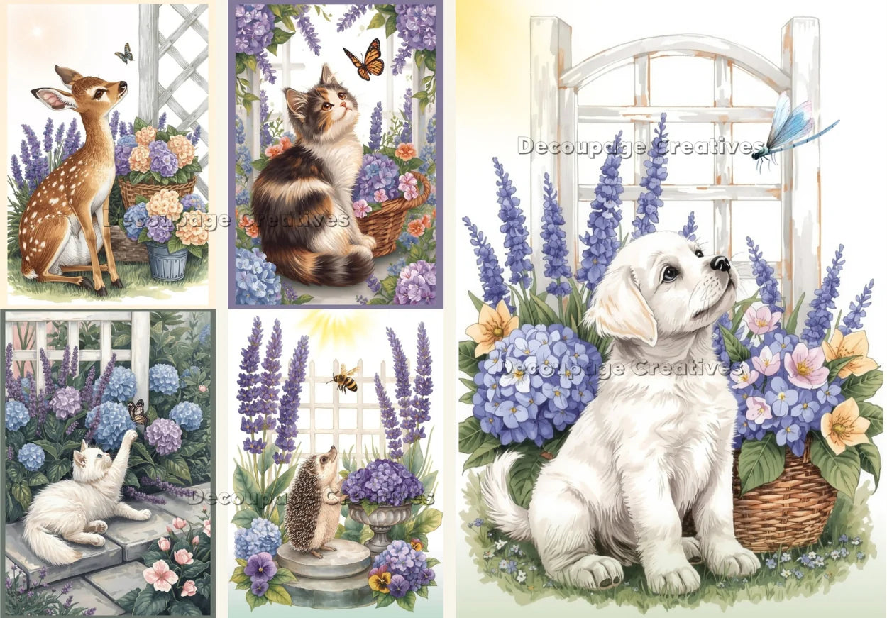 Decoupage Creatives Rice Paper Floral Lavender Garden, Baby Animals Pattern for Scrapbooking, Mixed Media, Puppies, Kittens, A4 8.27 X 11.69