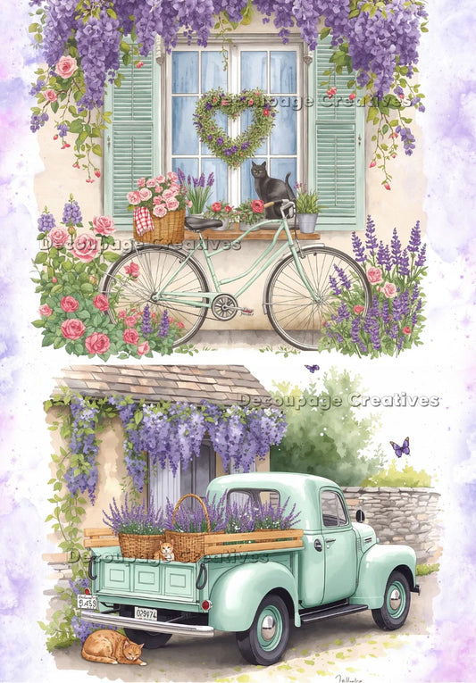 Decoupage Creatives Rice Paper, Spring Lavender, Vintage Truck, Cottage Window, Mixed Media, A4 8.27 X 11.69, Mixed Media, Crafts