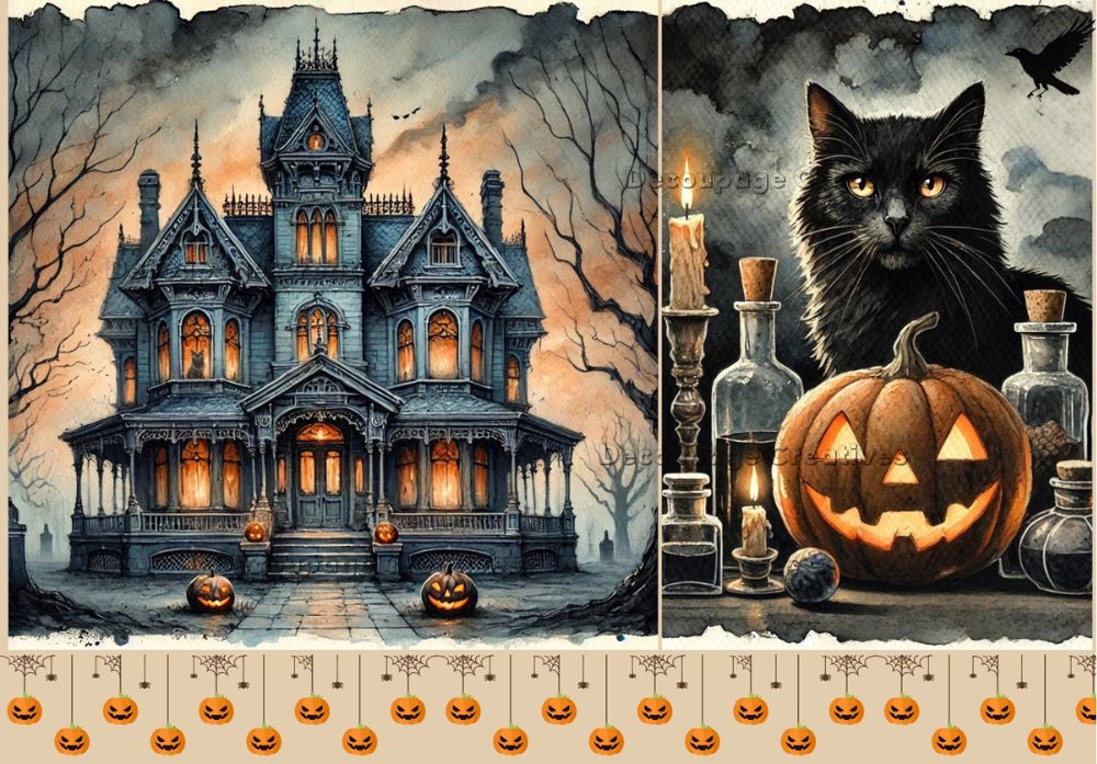 Halloween Rice Paper Decoupage | Halloween Haunted House Jack-O-Lanterns and Black Cat, A4 8.27 X 11.69