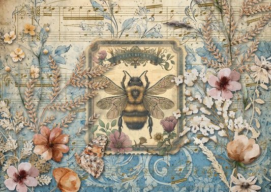 Decoupage Queen Rice Paper, Insects, Bee Friend, Vintage Style Floral Background, by Iveta, A4 8.3" x 11.7"