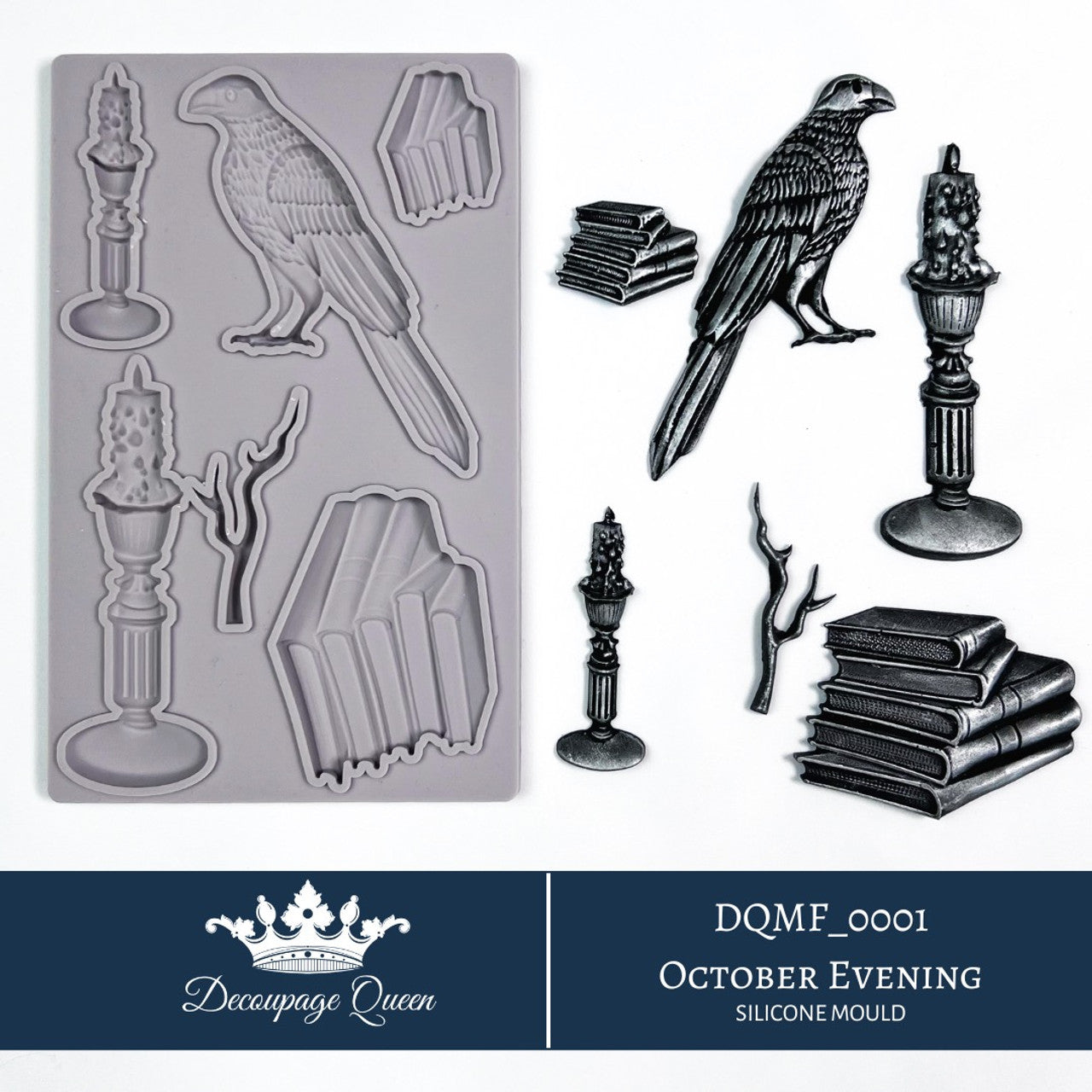 Decoupage Queen, October Evening, Silicone Mould, Limited Edition, Raven and Books, Food Safe, Silicone Mold, Fall 2024 Release