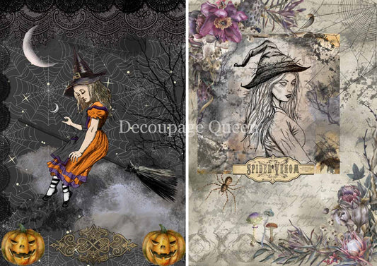 Decoupage Queen, Forest Lore, Two Witches, Halloween, Pumpkins, DQRP_0303, A4 8.3" X 11.7",  Rice Paper,  Decoupage, Mixed Media