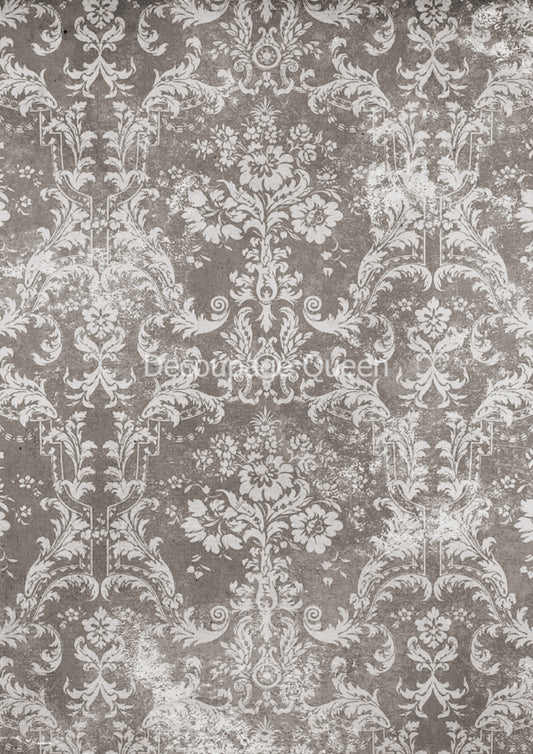 Decoupage Queen, Rice Paper, Winter Damask, Wallpaper, Gray, White, Background, DQRP 0375-A4, 8.3" X 11.7", 2022 Release