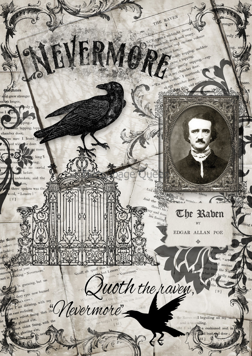 Decoupage Queen, Rice Paper, 2024 Fall Release, Vintage, Edgar Allan Poe, Nevermore, Raven, Halloween, A4 8.3" X 11.7", DQRP-0619