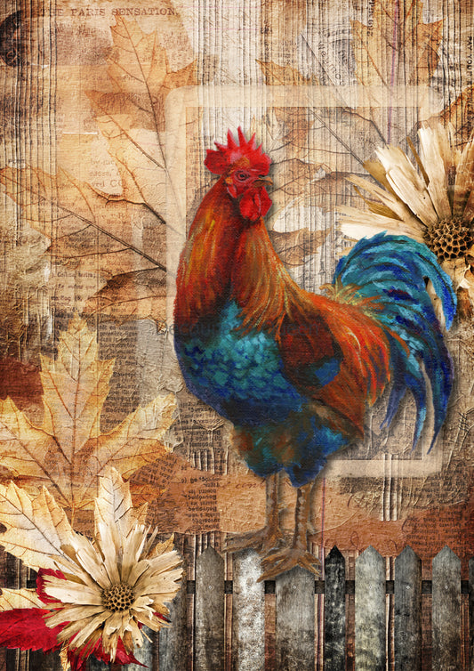 Decoupage Queen, Rice Paper, 2024 Fall Release, Teresa Rene Art, Rooster, Autumn, Fall, Country, A4 8.3" X 11.7", DQRP-0631