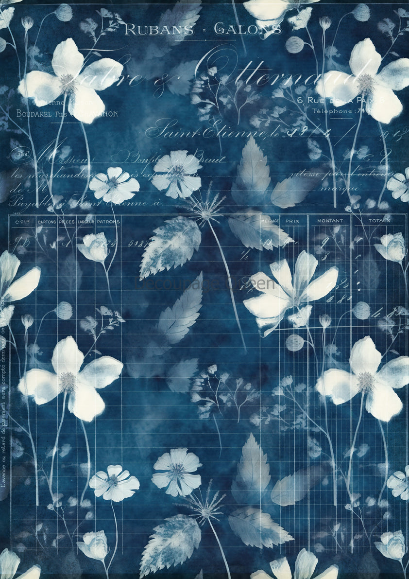 Decoupage Queen, Rice Paper, 2024 Fall Release 1, Indigo Botanicals IV, Blue White flowers, Wallpaper, Background, A4 8.3" X 11.7" DQRP-0656