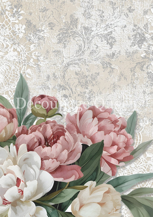 Decoupage Queen, Rice Paper, 2025 Spring, Dainty and the Queen, Peonies, Lace, Vintage Style, Shabby Chic, 0706, A4 8.3 X 11.7, Mixed Media