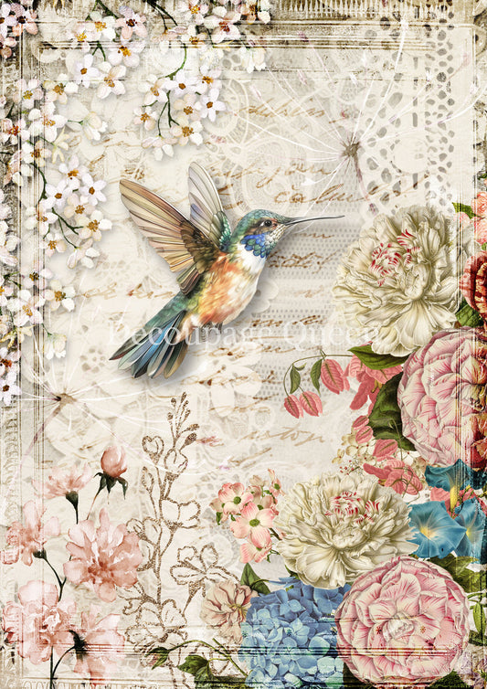 Decoupage Queen, Rice Paper, 2025 Spring, Vintage Style, Flowers, Lace, Hummingbird, Pink Roses, 0715 A4, Decoupage, Mixed Media