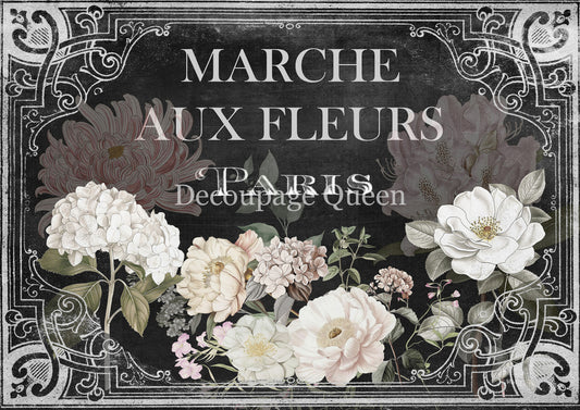 Decoupage Queen, Rice Paper, 2025 Spring, French, Sign, Marche Aux Fleurs, White Flowers, Black, 0717, A4 8.3 X 11.7, Decoupage, Mixed Media
