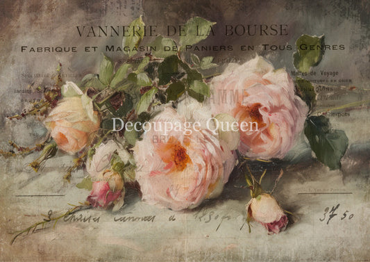 Decoupage Queen, Rice Paper, 2025 Spring Release, Vanessa, Pink Roses, Vintage Style, Shabby Chic, 0718, A4 8.3 X 11.7, Mixed Media