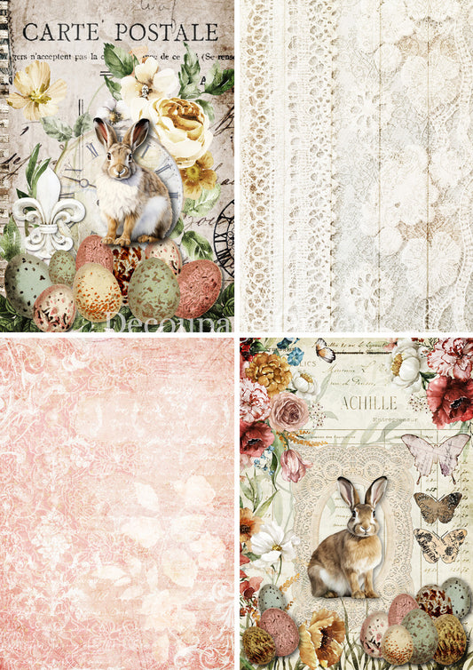 Decoupage Queen, Rice Paper, 2025 Spring, Easter, Vintage Style, Bunnies, Wallpaper, Squares, 0727 A4 8 X 11.7, Decoupage, Mixed Media