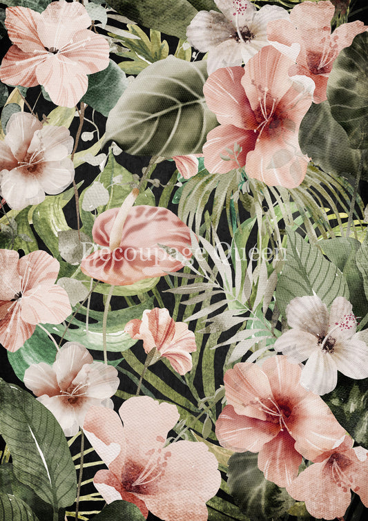 Decoupage Queen, Rice Paper, 2025 Spring, Tropical, Hibiscus, Pink, Flowers, Background, 0734, A4 8.3 X 11.7, Decoupage, Mixed Media