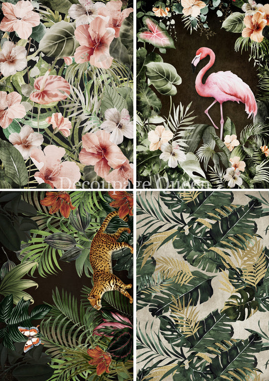 Decoupage Queen, Rice Paper, 2025 Spring, Tropical, Flamingo, Tiger, Foliage, Floral, Flowers, 0737, A4 8.3 X 11.7, Decoupage, Mixed Media
