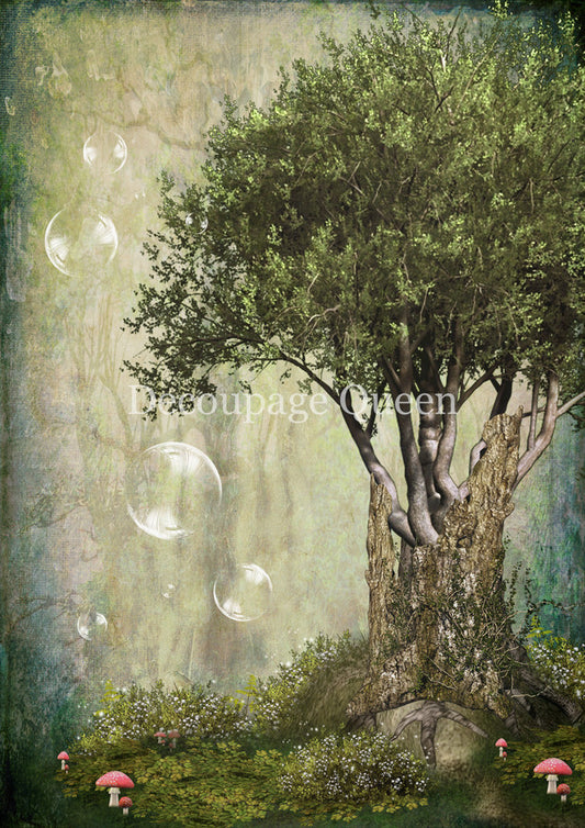 Decoupage Queen, Rice Paper, 2025 Spring, Green, Fantasy, Enchanted, Magical Tree, Forest,  Landscape, 0741, A4 8 X 11.7, Mixed Media