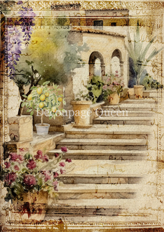 Decoupage Queen, Rice Paper, 2025 Spring, Villa Steps, Tuscan, Tuscany, Italy, Europe, 0746, A4 8.3 X 11.7, Decoupage, Mixed Media