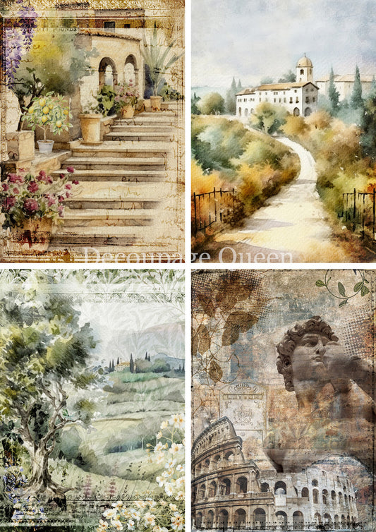 Decoupage Queen, Rice Paper, 2025 Spring Release, Tuscan Villa, Italy, Europe, Landscape, 0750, A4 8.3 X 11.7,  Decoupage, Mixed Media