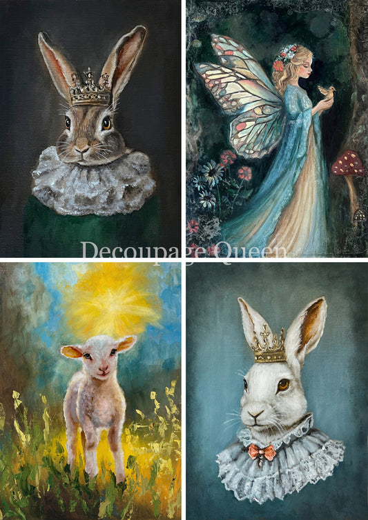 Decoupage Queen, Rice Paper, 2025 Spring, Teresa Rene Art, Hand painted, Bunny Portrait, Easter, Fairy, 0757, A4 8.3 X 11.7, Mixed Media