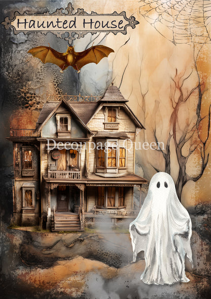 Handcrafted Halloween Wall Decor Candle Sconce Art Plaque, Decoupage, Mixed Media, Haunted House, Ghosts, Handmade by Pamela
