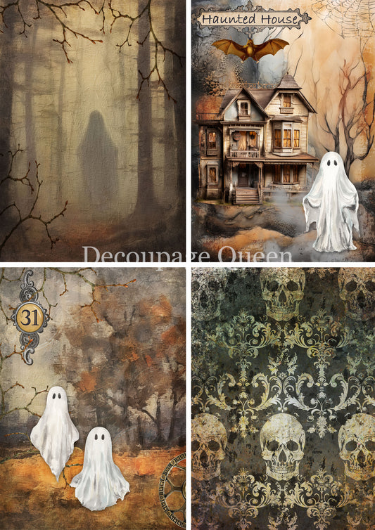 Decoupage Queen, Rice Paper, Halloween, Ghosts, Skulls, Stripes, Haunted House, Background, Squares, 2025 Fall Release, 0801, A4, 8 X 11.7