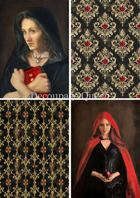 Decoupage Queen, Rice Paper, Black, Gold, Red, Grunge, Gothic, Teresa Rene Art, Women, Wallpaper, 2025 Fall Release, 0818, A4, 8.3" X 11.7"