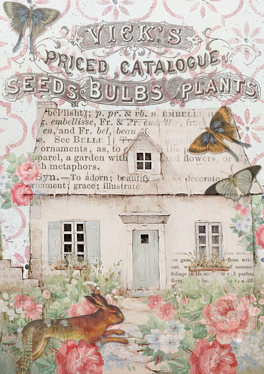 Decoupage Queen Rice Paper, Ellen J Goods, Cottages, Rabbit in the Garden, Shabby Chic, Vintage Style, A4, 8.3" X 11.7"