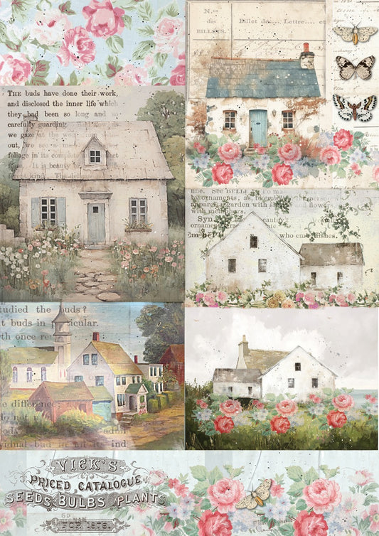 Decoupage Queen Rice Paper, Ellen J Goods, Sunny Crest Cottages, Squares, Shabby Chic, Vintage Style, A4, 8.3" X 11.7"