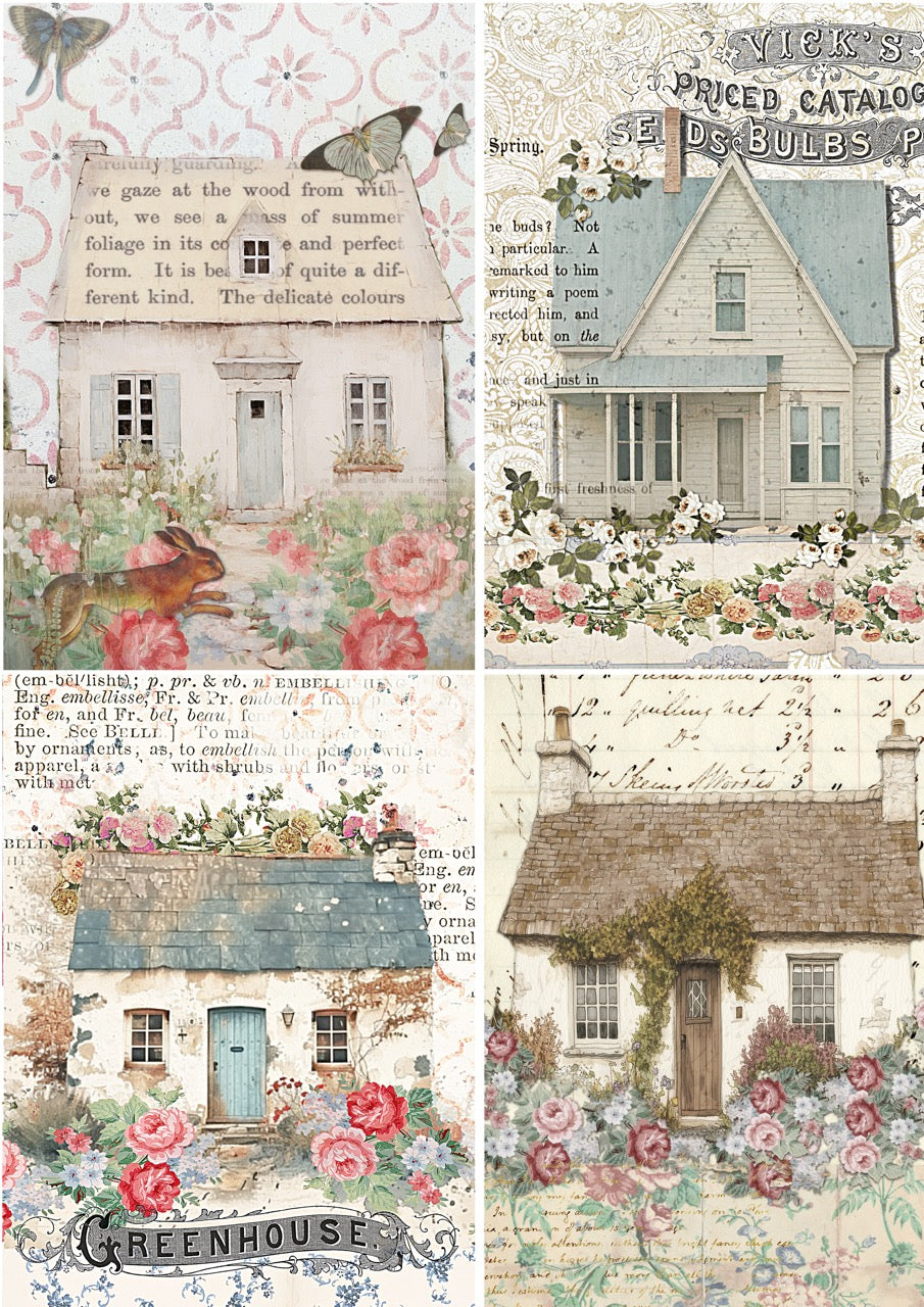 Decoupage Queen Rice Paper, Ellen J Goods, Cottages, 4 Squares, Shabby Chic, Vintage Style, A4, 8.3" X 11.7"