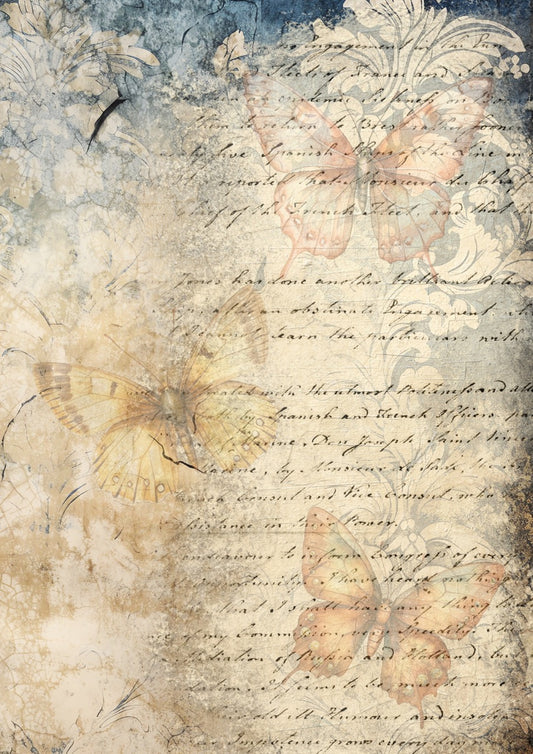 Decoupage Queen Rice Paper, Vintage Style Handwriting, Butterfly Background, by Iveta, A4 8.3" x 11.7"