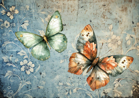 Decoupage Queen Rice Paper, Vintage Style Butterflies, Floral Background, by Iveta Ziedina, A4 8.3" x 11.7"
