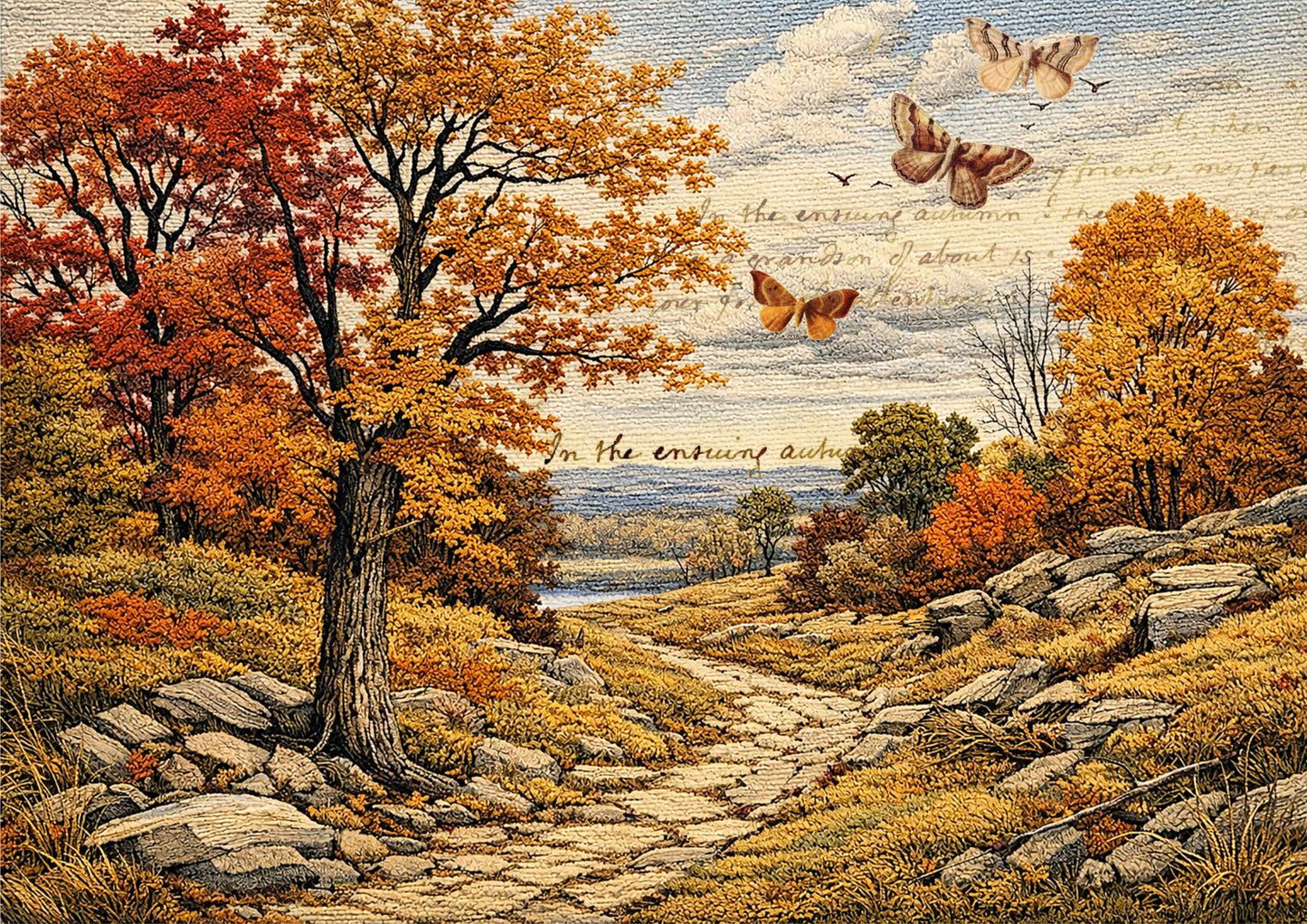 Decoupage Queen Rice Paper,  Ellen J Goods, Embroidery Fall Landscape, Mixed Media, DIY Crafts, A4 8.3" X 11.7"