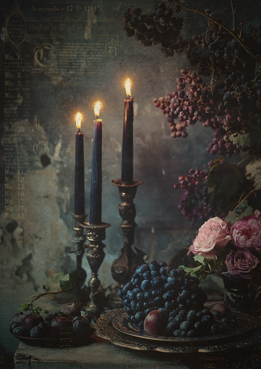 Decoupage Queen Rice Paper, Gothic Candlelit Table, Midnight Echoes by Olga, Dark, Halloween, Mixed Media, DIY Crafts, A4 8.3" X 11.7"