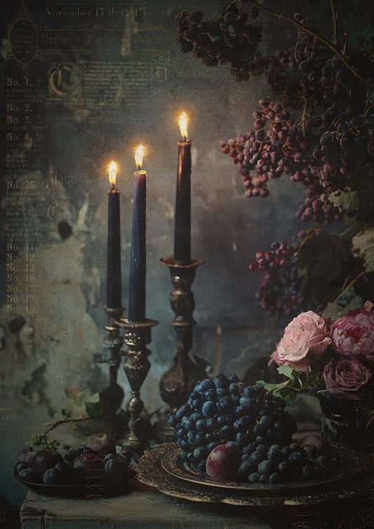 Decoupage Queen Rice Paper, Gothic Candlelit Table, Midnight Echoes by Olga, Dark, Halloween, Mixed Media, DIY Crafts, A4 8.3" X 11.7"
