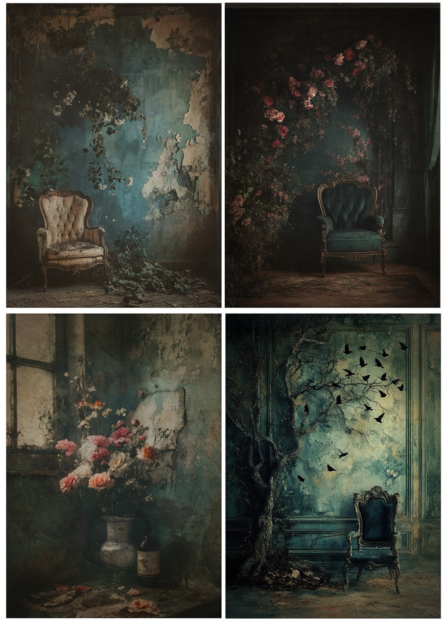 Decoupage Queen Rice Paper, Gothic, Moody Scenes, Midnight Echoes by Olga, Dark Rooms , Mixed Media, DIY Crafts, A4 8.3" X 11.7"