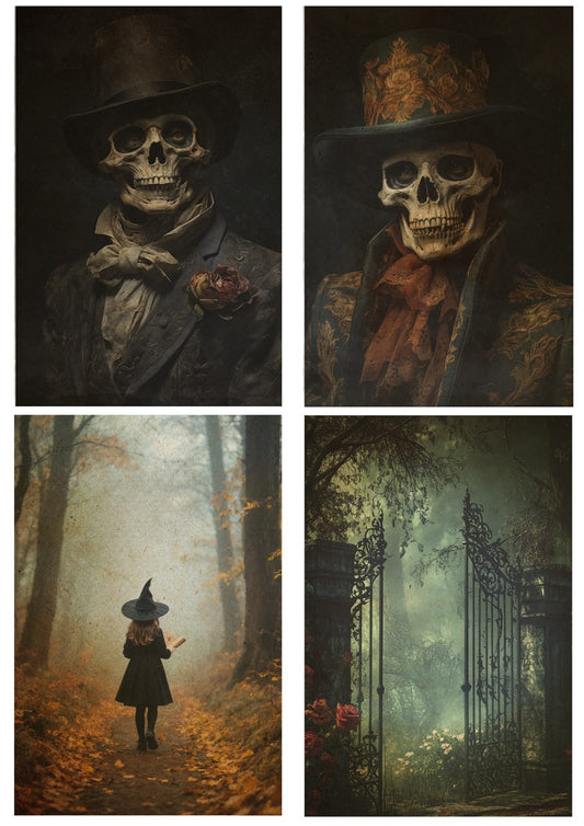 Decoupage Queen Rice Paper, Gothic Creepy Skulls, Witch Scenes, Midnight Echoes by Olga, Dark Rooms , Mixed Media, DIY Crafts, A4 8.3 X 11.7