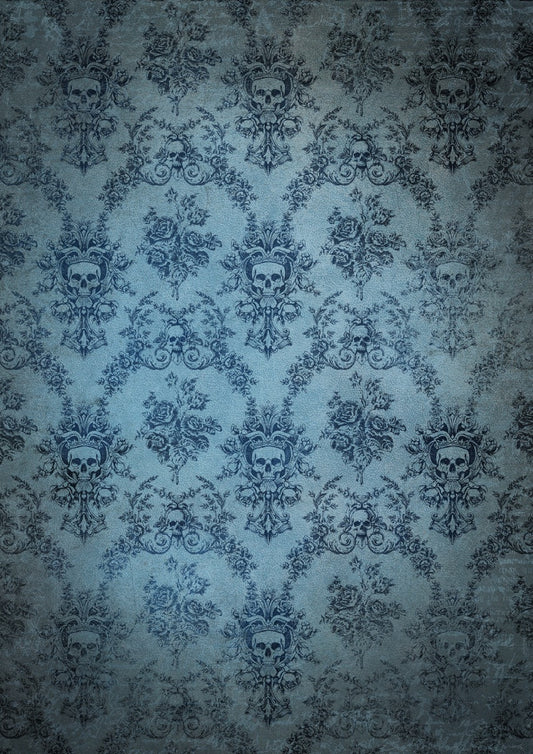 Decoupage Queen Rice Paper, Gothic Skull Blue Toile Background, by Olga, Dark Mirror Frame, Mixed Media, DIY Crafts, A4, A3 sizes