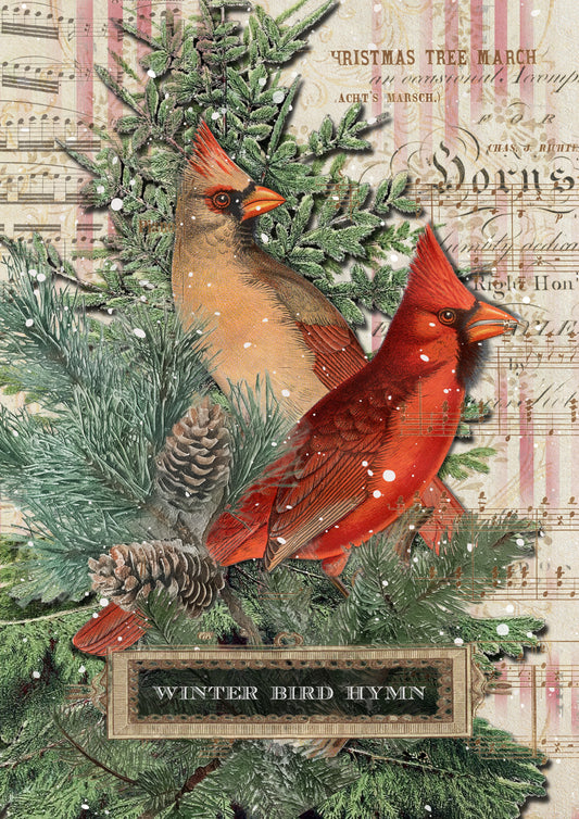 Decoupage Queen Rice Paper, Ellen J Goods, Cardinals, Pine Tree, Ephemera Background, Antique Style, A4 8.27 X 11.69