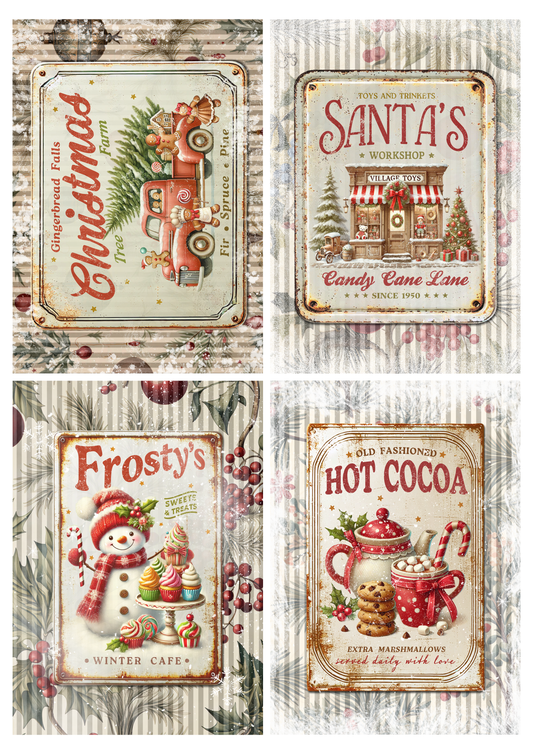 Decoupage Queen Rice Paper, Christmas Signs Illustrations, Vintage Style, Santa, Treats, A4 8.27 X 11.69