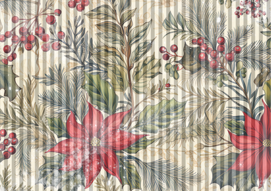 Decoupage Queen Rice Paper, Christmas Stripes, Poinsettia, Background, A4 8.27 X 11.69