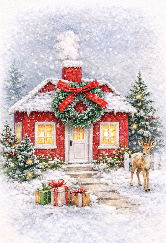 Decoupage Queen Rice Paper, Christmas Red House, Holiday Winter Snow Scenes, A4 8.27 X 11.69