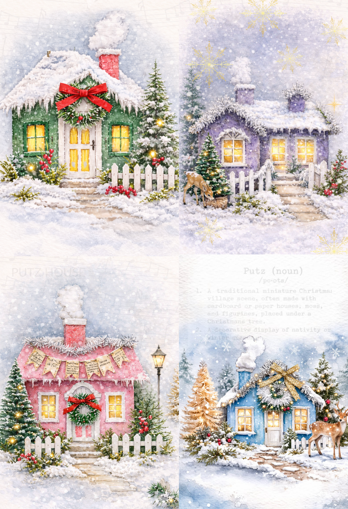Decoupage Queen Rice Paper, Christmas Houses, Holiday Winter Snow Scenes Squares, A4 8.27 X 11.69