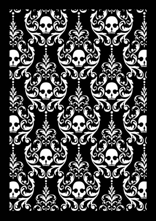 Decoupage Queen, Laser Cut Stencil, Elegant Skulls, Damask, Halloween, Reusable, A4, 8.27 x 11.69 inches